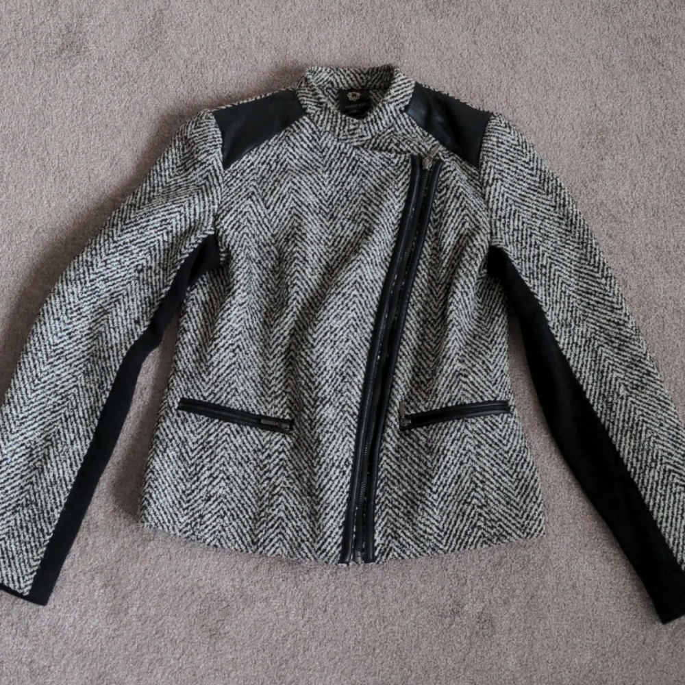 Asymmetrical black & white herringbone jacket